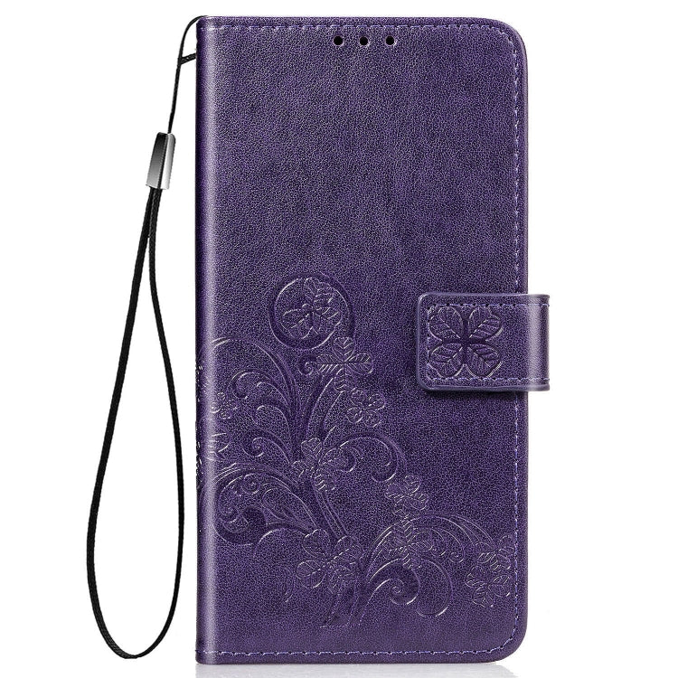 For Samsung Galaxy A21s Four-leaf Clasp Embossed Buckle Mobile Phone Protection Leather Case with Lanyard & Card Slot & Wallet & Bracket Function