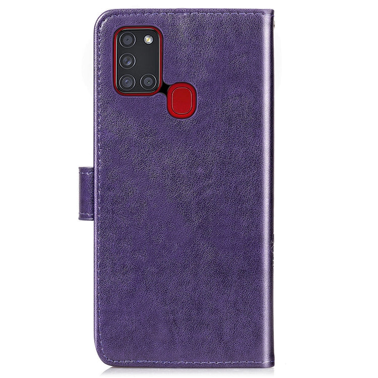 For Samsung Galaxy A21s Four-leaf Clasp Embossed Buckle Mobile Phone Protection Leather Case with Lanyard & Card Slot & Wallet & Bracket Function
