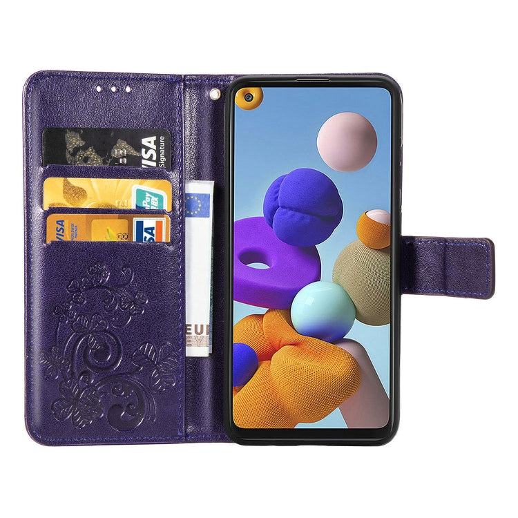 For Samsung Galaxy A21s Four-leaf Clasp Embossed Buckle Mobile Phone Protection Leather Case with Lanyard & Card Slot & Wallet & Bracket Function
