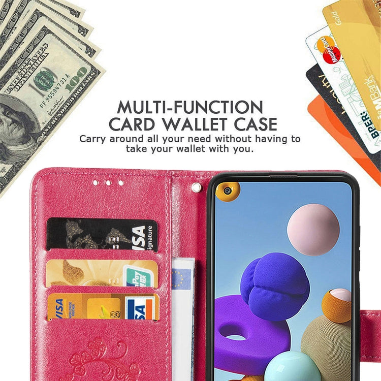 For Samsung Galaxy A21s Four-leaf Clasp Embossed Buckle Mobile Phone Protection Leather Case with Lanyard & Card Slot & Wallet & Bracket Function