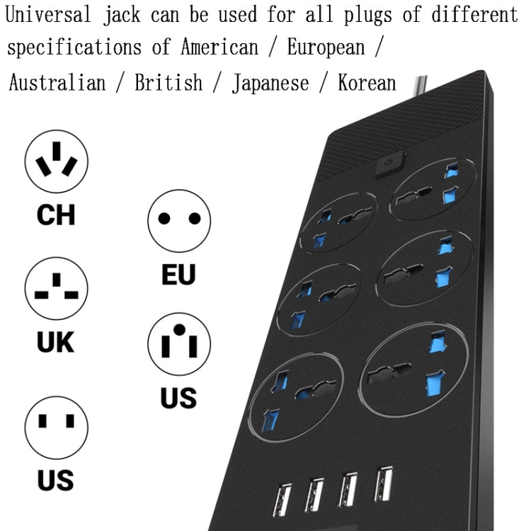 T12 Multi-functional Intelligent Plug-in 6-Hole Universal Jack + 4-Port USB Home Porous Socket 2 Meter Wire Length US PLUG