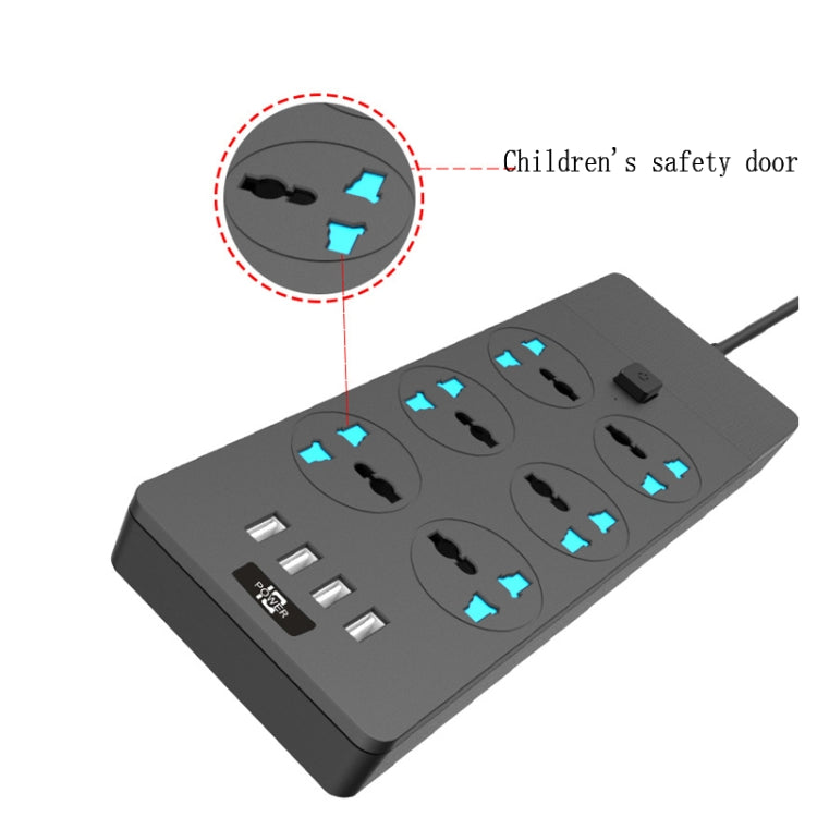 T12 Multi-functional Intelligent Plug-in 6-Hole Universal Jack + 4-Port USB Home Porous Socket 2 Meter Wire Length US PLUG