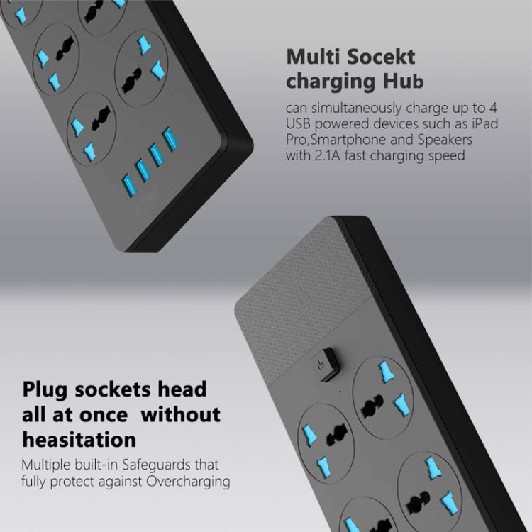 T12 Multi-functional Intelligent Plug-in 6-Hole Universal Jack + 4-Port USB Home Porous Socket 2 Meter Wire Length UK PLUG