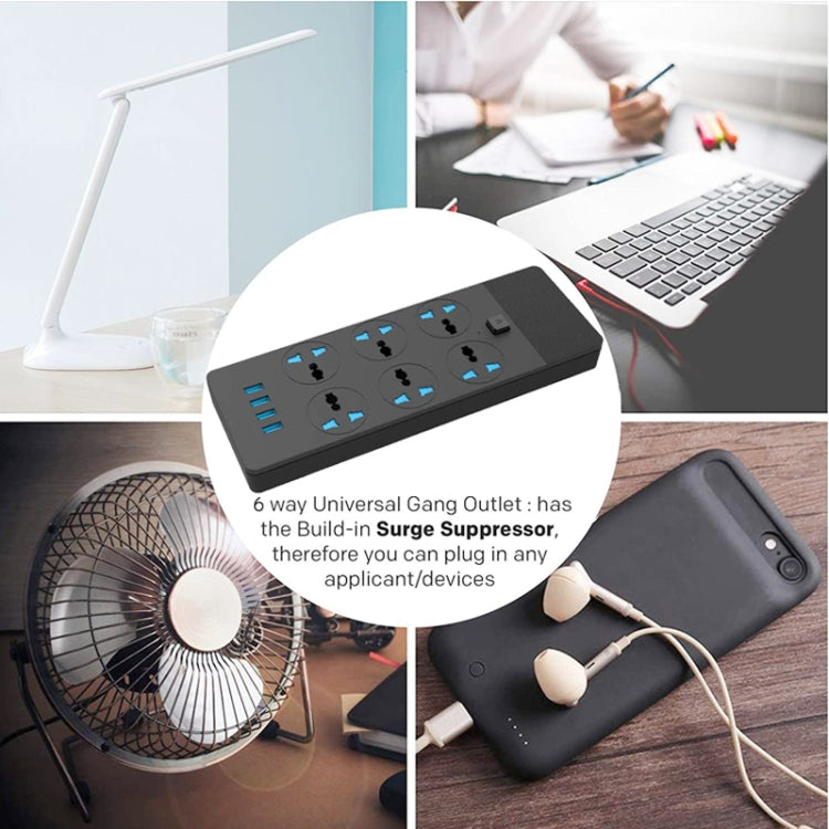 T12 Multi-functional Intelligent Plug-in 6-Hole Universal Jack + 4-Port USB Home Porous Socket 2 Meter Wire Length UK PLUG