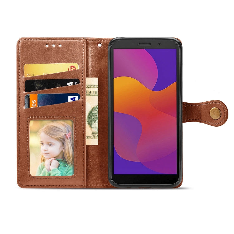 For Huawei Y5P 2020 Retro Solid Color Leather Buckle Phone Case with Lanyard & Photo Frame & Card Slot & Wallet & Stand Function