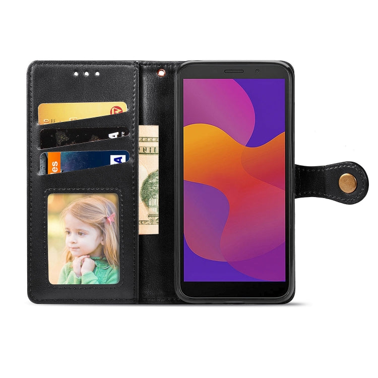 For Huawei Y5P 2020 Retro Solid Color Leather Buckle Phone Case with Lanyard & Photo Frame & Card Slot & Wallet & Stand Function