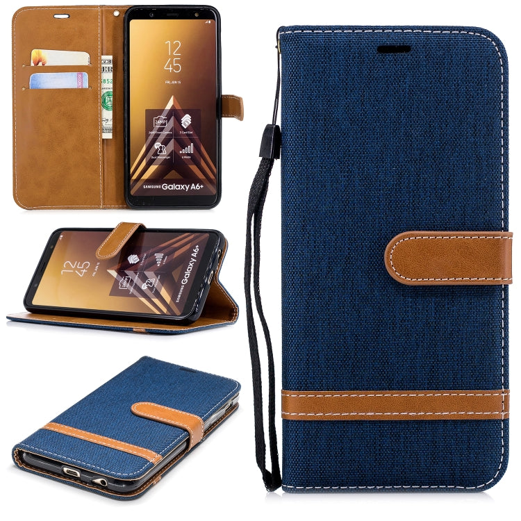 Color Matching Denim Texture Leather Case for Galaxy A6+, with Holder & Card Slots & Wallet & Lanyard