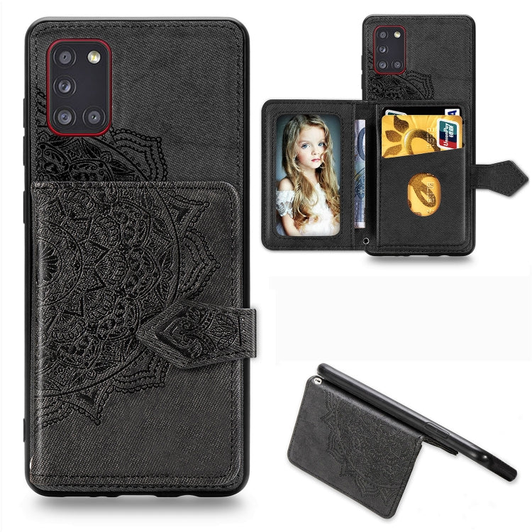 For Samsung Galaxy A31 Mandala Embossed Magnetic Cloth PU + TPU + PC Case with Holder & Card Slots & Wallet & Photo Frame & Strap