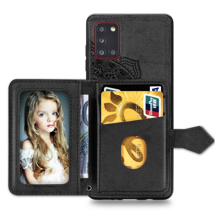 For Samsung Galaxy A31 Mandala Embossed Magnetic Cloth PU + TPU + PC Case with Holder & Card Slots & Wallet & Photo Frame & Strap