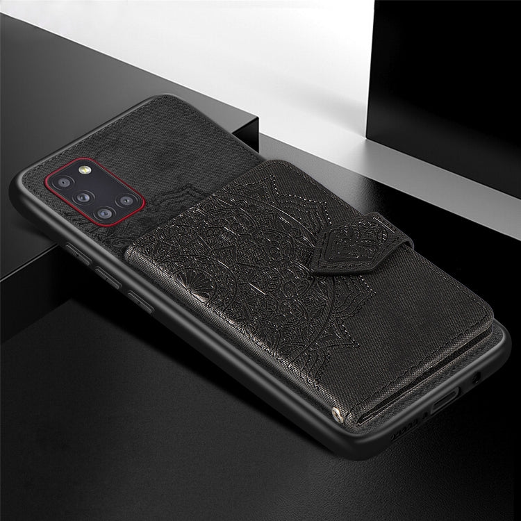 For Samsung Galaxy A31 Mandala Embossed Magnetic Cloth PU + TPU + PC Case with Holder & Card Slots & Wallet & Photo Frame & Strap