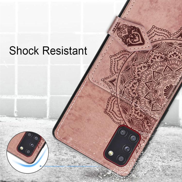 For Samsung Galaxy A31 Mandala Embossed Magnetic Cloth PU + TPU + PC Case with Holder & Card Slots & Wallet & Photo Frame & Strap
