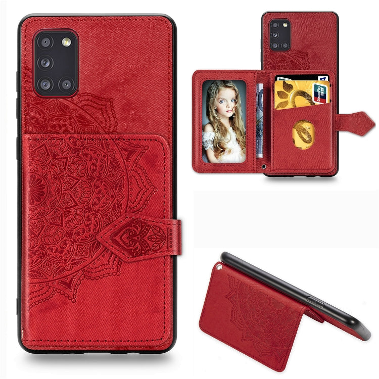 For Samsung Galaxy A31 Mandala Embossed Magnetic Cloth PU + TPU + PC Case with Holder & Card Slots & Wallet & Photo Frame & Strap