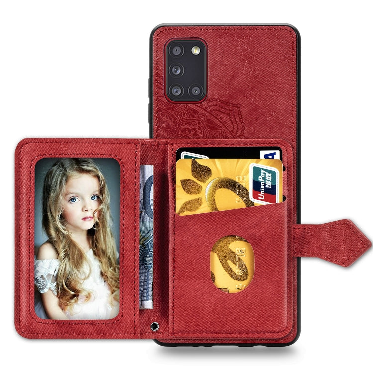 For Samsung Galaxy A31 Mandala Embossed Magnetic Cloth PU + TPU + PC Case with Holder & Card Slots & Wallet & Photo Frame & Strap