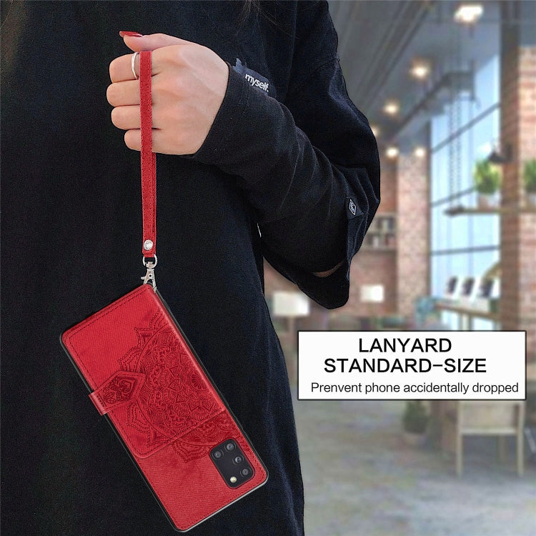For Samsung Galaxy A31 Mandala Embossed Magnetic Cloth PU + TPU + PC Case with Holder & Card Slots & Wallet & Photo Frame & Strap