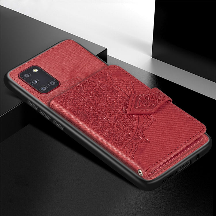 For Samsung Galaxy A31 Mandala Embossed Magnetic Cloth PU + TPU + PC Case with Holder & Card Slots & Wallet & Photo Frame & Strap