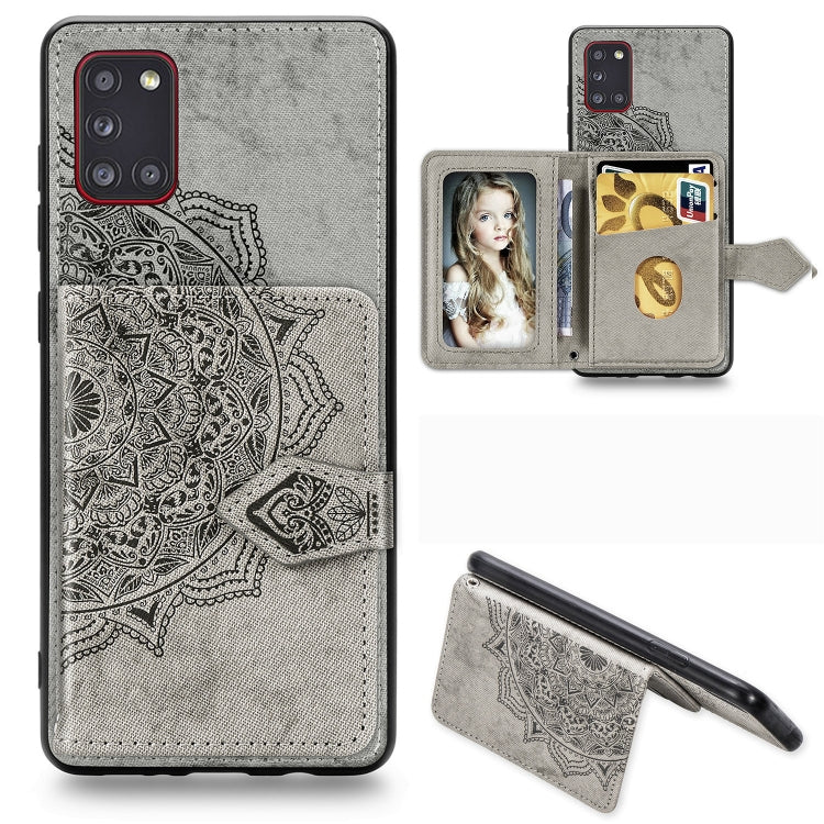 For Samsung Galaxy A31 Mandala Embossed Magnetic Cloth PU + TPU + PC Case with Holder & Card Slots & Wallet & Photo Frame & Strap