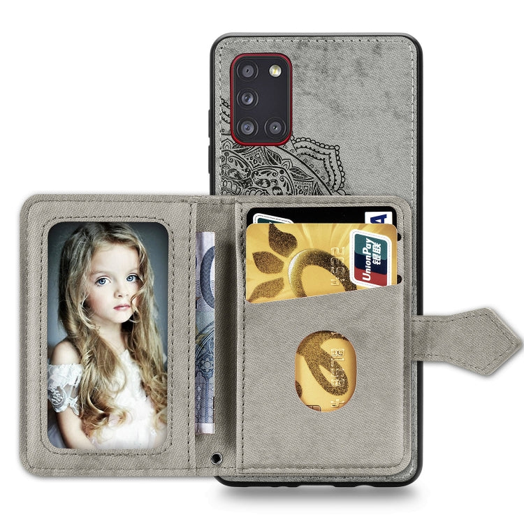 For Samsung Galaxy A31 Mandala Embossed Magnetic Cloth PU + TPU + PC Case with Holder & Card Slots & Wallet & Photo Frame & Strap