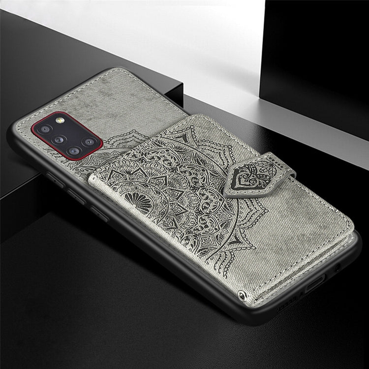 For Samsung Galaxy A31 Mandala Embossed Magnetic Cloth PU + TPU + PC Case with Holder & Card Slots & Wallet & Photo Frame & Strap