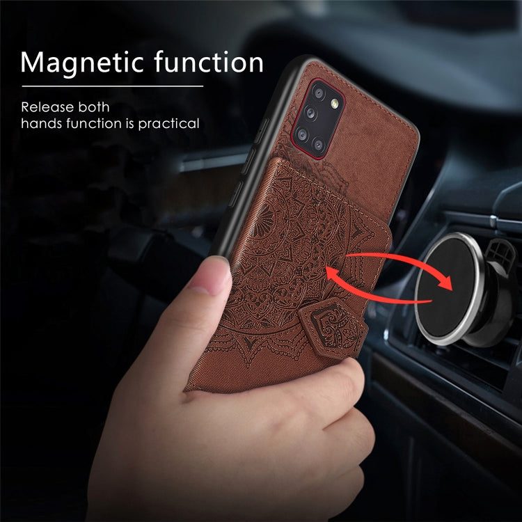 For Samsung Galaxy A31 Mandala Embossed Magnetic Cloth PU + TPU + PC Case with Holder & Card Slots & Wallet & Photo Frame & Strap