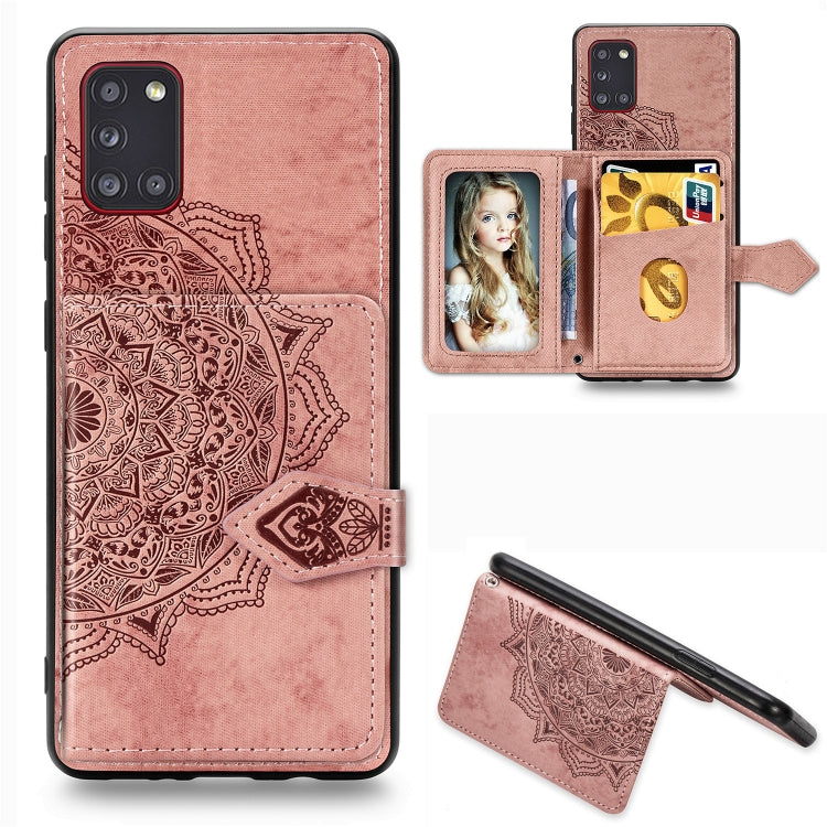 For Samsung Galaxy A31 Mandala Embossed Magnetic Cloth PU + TPU + PC Case with Holder & Card Slots & Wallet & Photo Frame & Strap