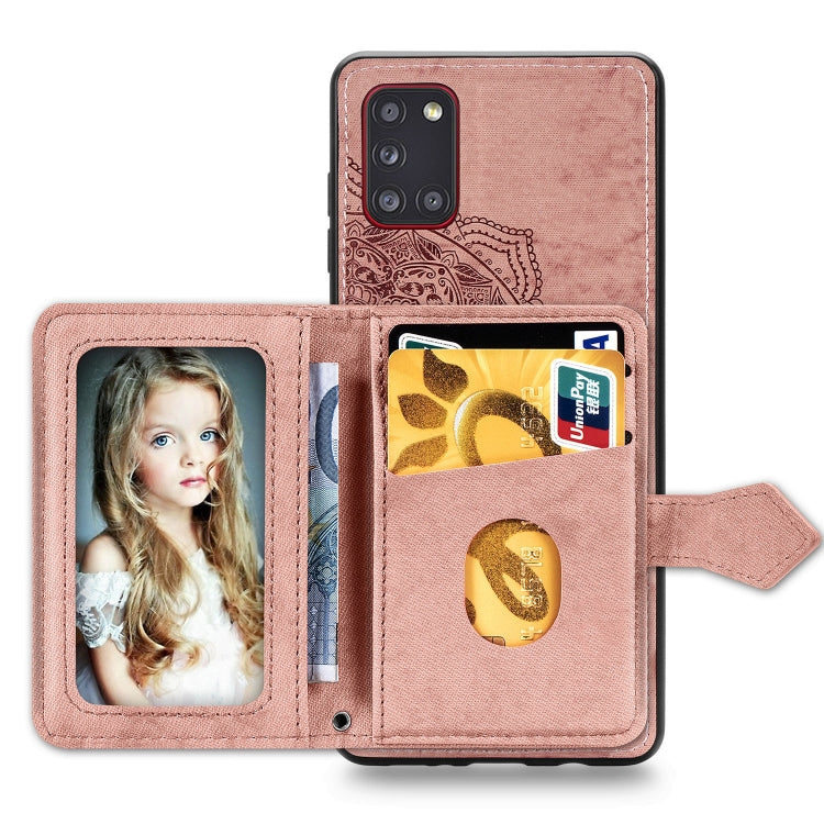 For Samsung Galaxy A31 Mandala Embossed Magnetic Cloth PU + TPU + PC Case with Holder & Card Slots & Wallet & Photo Frame & Strap