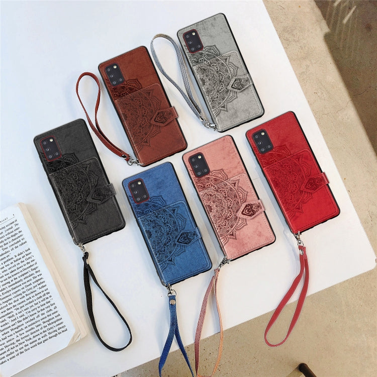 For Samsung Galaxy A31 Mandala Embossed Magnetic Cloth PU + TPU + PC Case with Holder & Card Slots & Wallet & Photo Frame & Strap