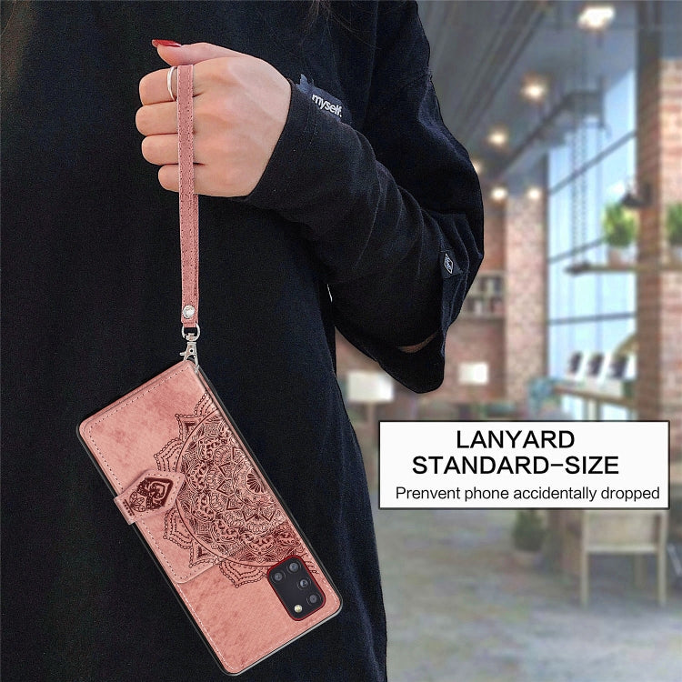 For Samsung Galaxy A31 Mandala Embossed Magnetic Cloth PU + TPU + PC Case with Holder & Card Slots & Wallet & Photo Frame & Strap
