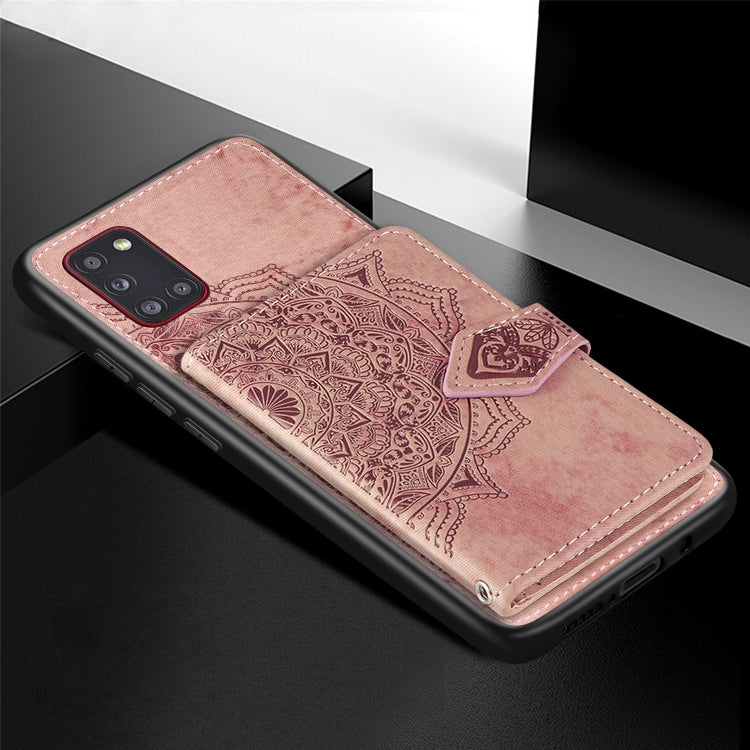 For Samsung Galaxy A31 Mandala Embossed Magnetic Cloth PU + TPU + PC Case with Holder & Card Slots & Wallet & Photo Frame & Strap
