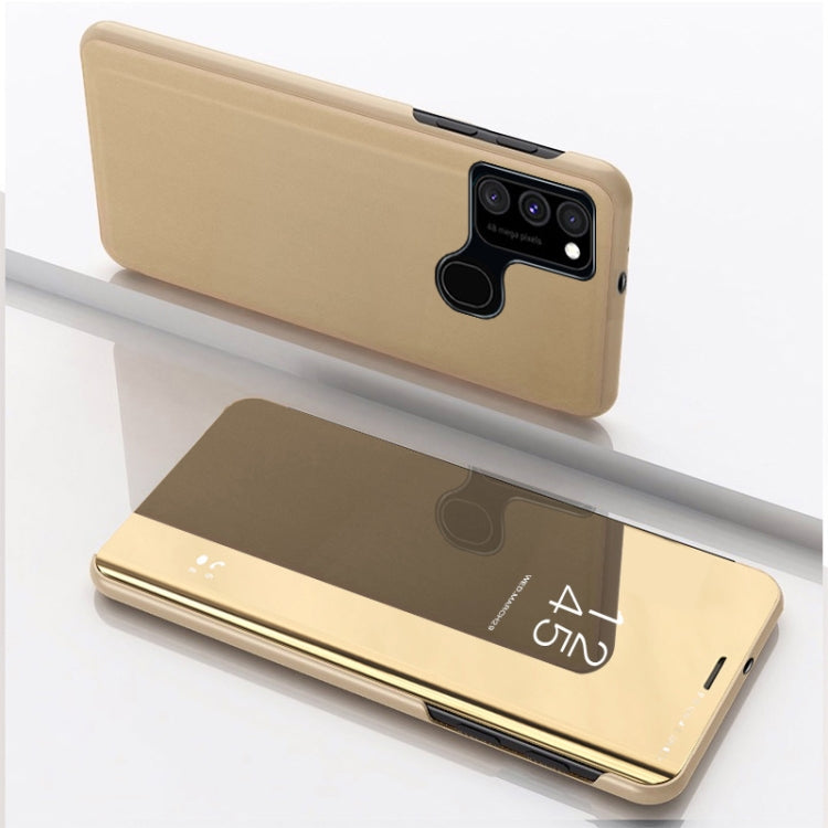 For Samsung Galaxy A21S Plated Mirror Horizontal Flip Leather Case with Holder