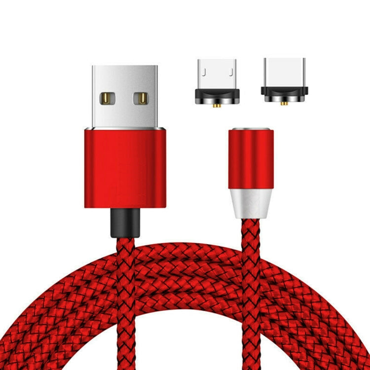 2 in 1 USB to Micro USB + USB-C / Type-C Magnetic Metal Connector Nylon Two-color Braided Magnetic Data Cable, Cable Length: 1m