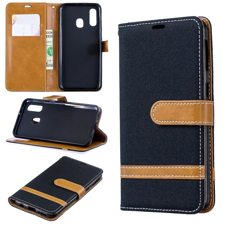 Color Matching Denim Texture Leather Case for Galaxy A40, with Holder & Card Slots & Wallet & Lanyard