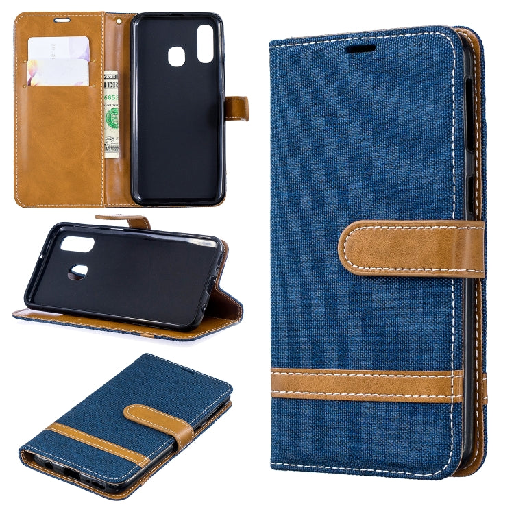 Color Matching Denim Texture Leather Case for Galaxy A40, with Holder & Card Slots & Wallet & Lanyard