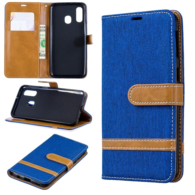Color Matching Denim Texture Leather Case for Galaxy A40, with Holder & Card Slots & Wallet & Lanyard