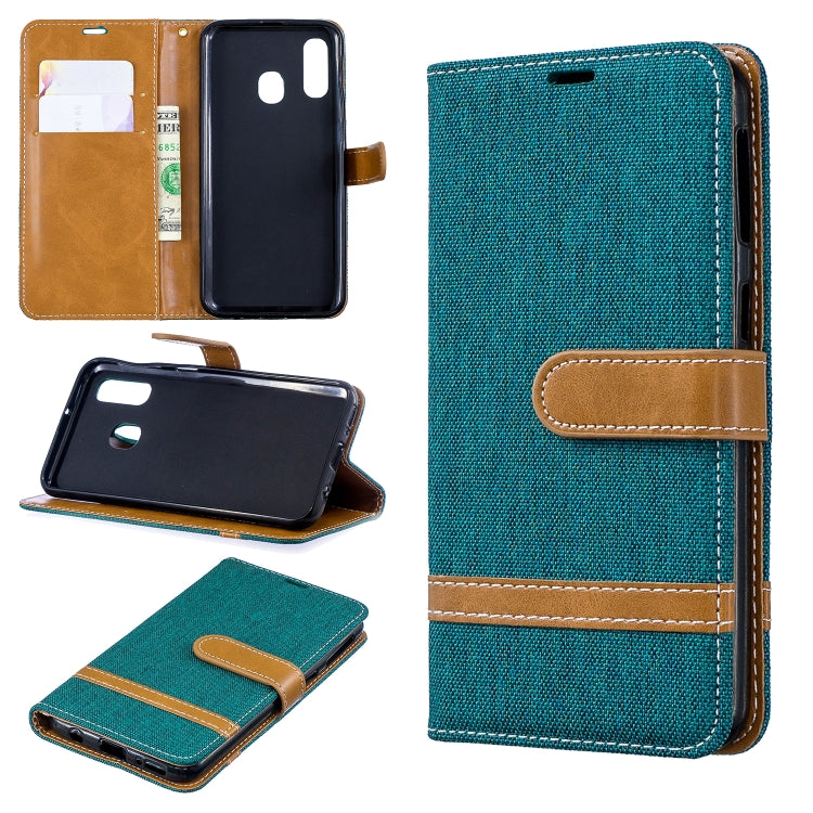 Color Matching Denim Texture Leather Case for Galaxy A40, with Holder & Card Slots & Wallet & Lanyard