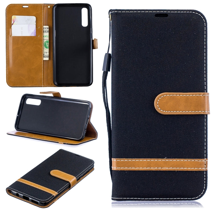 Color Matching Denim Texture Leather Case for  Galaxy  A50, with Holder & Card Slots & Wallet & Lanyard