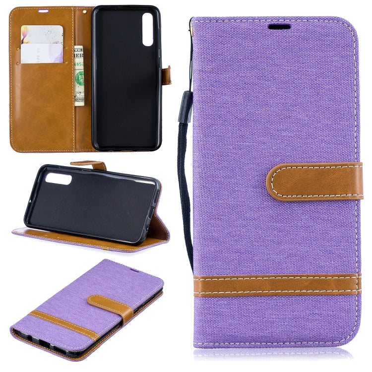 Color Matching Denim Texture Leather Case for  Galaxy  A50, with Holder & Card Slots & Wallet & Lanyard