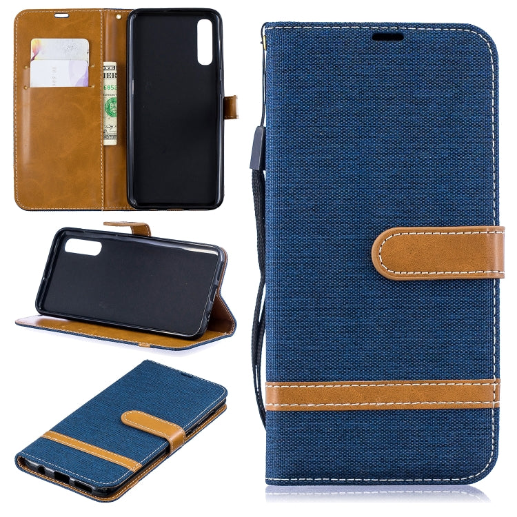 Color Matching Denim Texture Leather Case for  Galaxy  A50, with Holder & Card Slots & Wallet & Lanyard