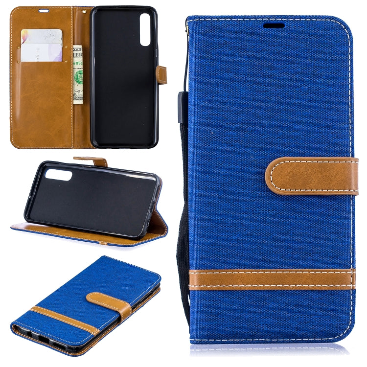 Color Matching Denim Texture Leather Case for  Galaxy  A50, with Holder & Card Slots & Wallet & Lanyard