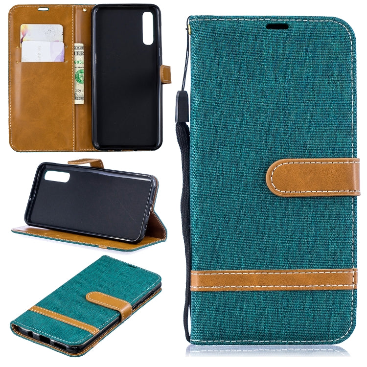 Color Matching Denim Texture Leather Case for  Galaxy  A50, with Holder & Card Slots & Wallet & Lanyard