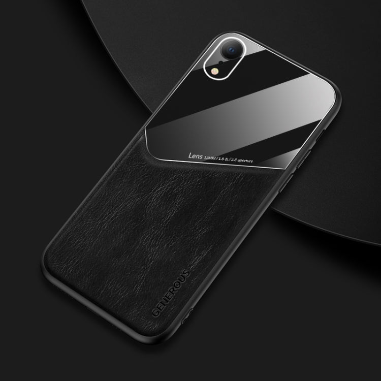 For iPhone XR All-inclusive Leather + Organic Glass Phone Case With Metal Iron Sheet