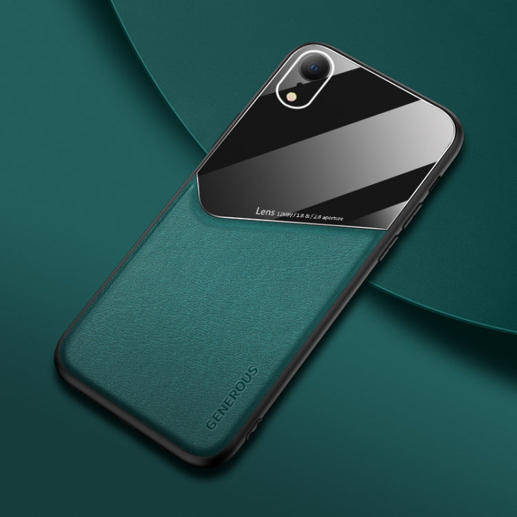 For iPhone XR All-inclusive Leather + Organic Glass Phone Case With Metal Iron Sheet