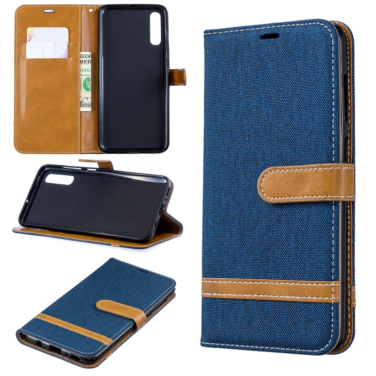Color Matching Denim Texture Leather Case for Galaxy  A70, with Holder & Card Slots & Wallet & Lanyard