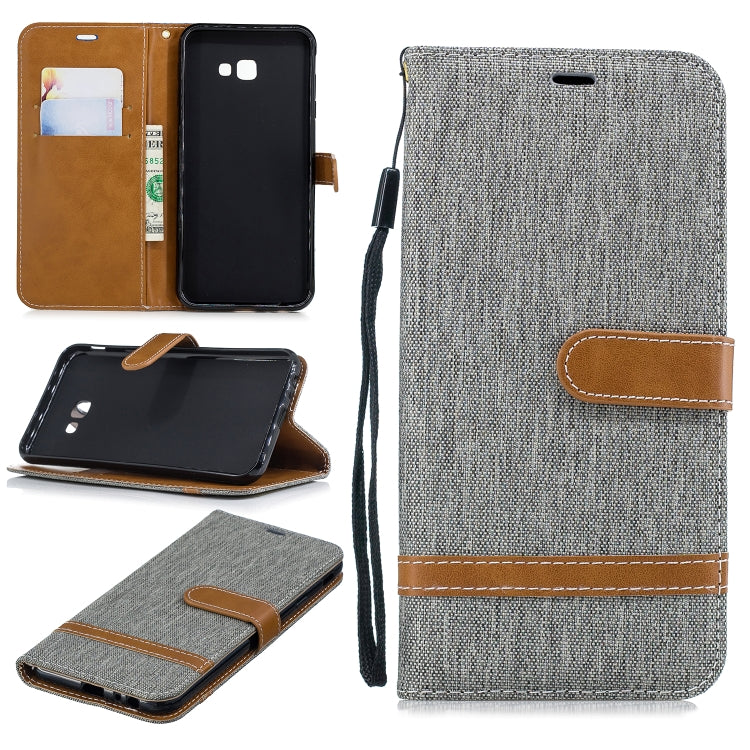 Color Matching Denim Texture Leather Case for Galaxy J4+, with Holder & Card Slots & Wallet & Lanyard