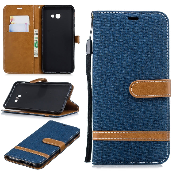 Color Matching Denim Texture Leather Case for Galaxy J4+, with Holder & Card Slots & Wallet & Lanyard