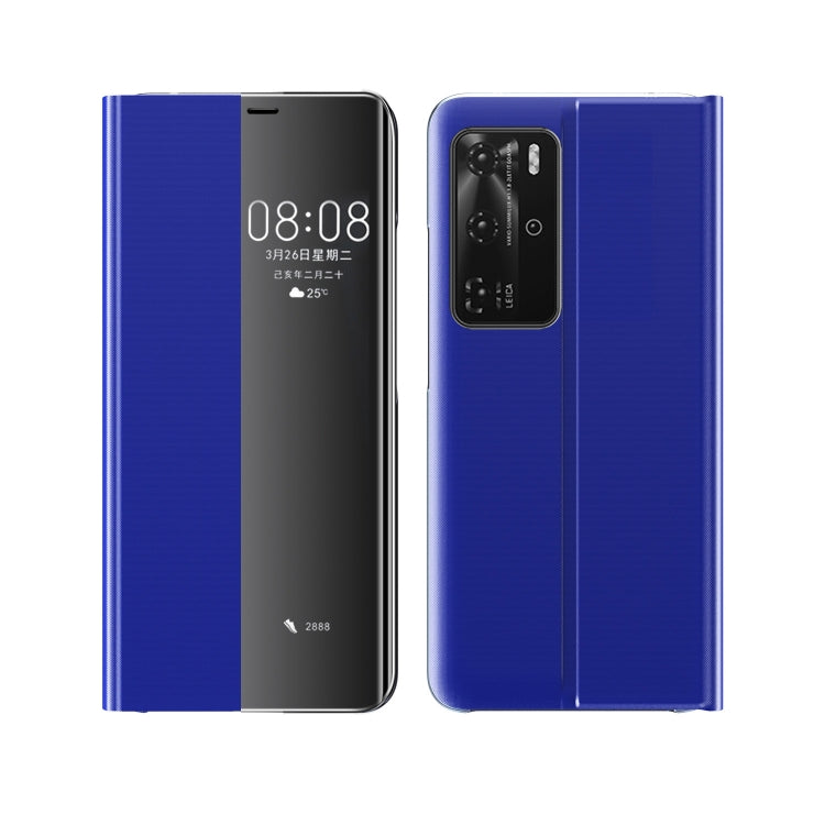 For Huawei P40 Pro Side Display Magnetic Horizontal Flip Plain Texture Cloth + PC Case with Holder & Sleep / Wake-up Function