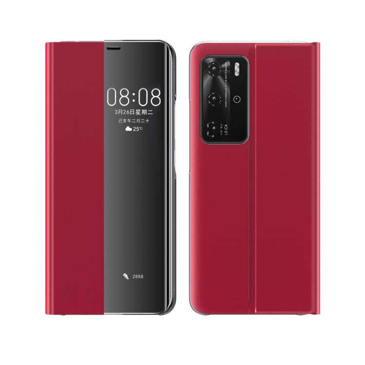 For Huawei P40 Pro Side Display Magnetic Horizontal Flip Plain Texture Cloth + PC Case with Holder & Sleep / Wake-up Function