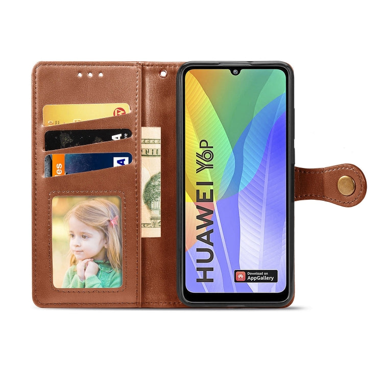 For Huawei Y6P Retro Solid Color Leather Buckle Phone Case with Lanyard & Photo Frame & Card Slot & Wallet & Stand Function