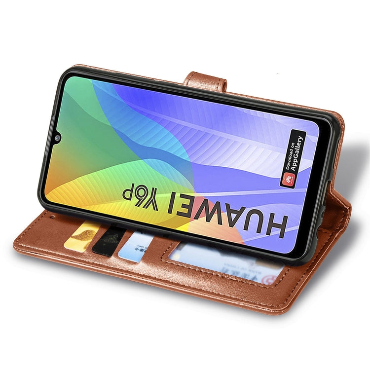 For Huawei Y6P Retro Solid Color Leather Buckle Phone Case with Lanyard & Photo Frame & Card Slot & Wallet & Stand Function