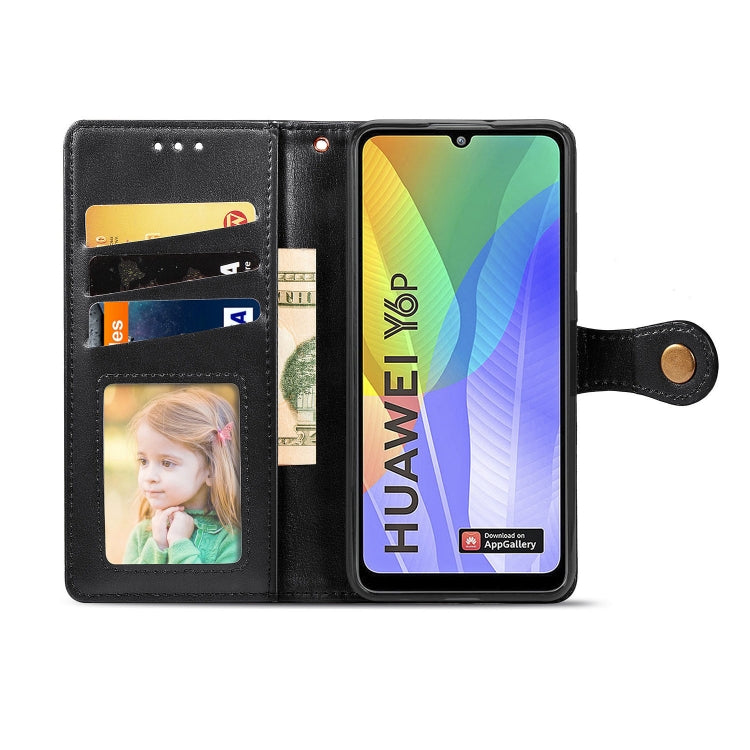 For Huawei Y6P Retro Solid Color Leather Buckle Phone Case with Lanyard & Photo Frame & Card Slot & Wallet & Stand Function