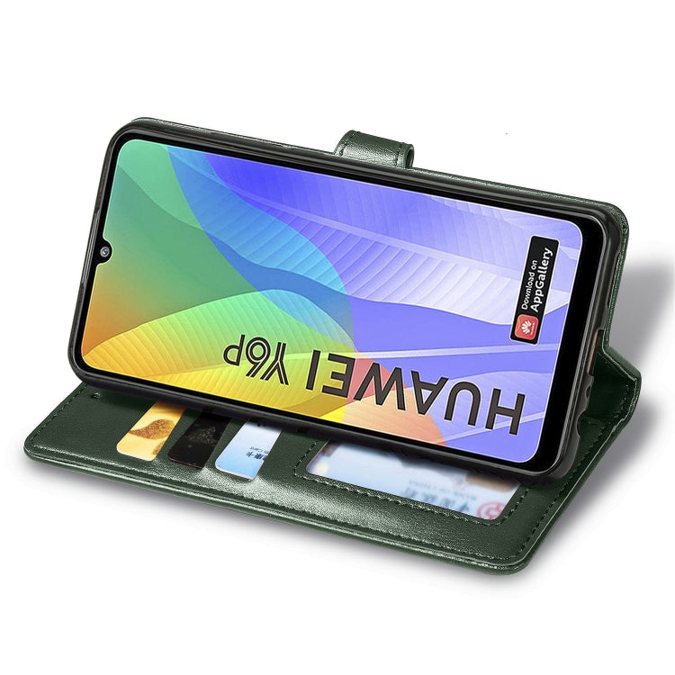 For Huawei Y6P Retro Solid Color Leather Buckle Phone Case with Lanyard & Photo Frame & Card Slot & Wallet & Stand Function